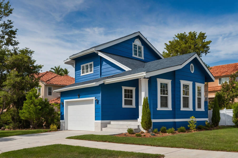 blue house with garden and garage